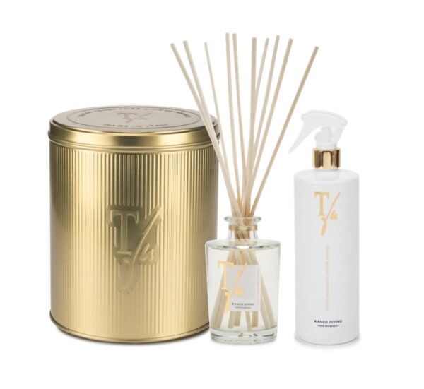 THEATRE UNIQUE FRAGRANCES GOLD TIN BOX WHITE DIVINE STICK 250ML + GUN SPRAY 500ML