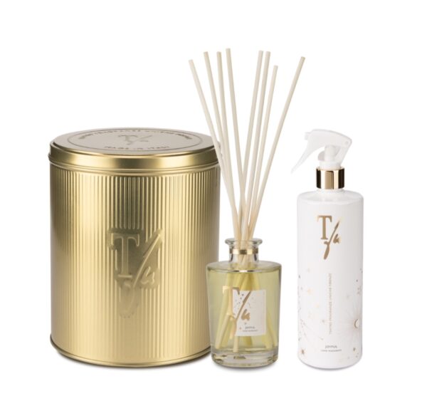 THEATRE UNIQUE FRAGRANCES GOLD TIN BOX JOYFUL STICK 250ML + GUN SPRAY 500ML