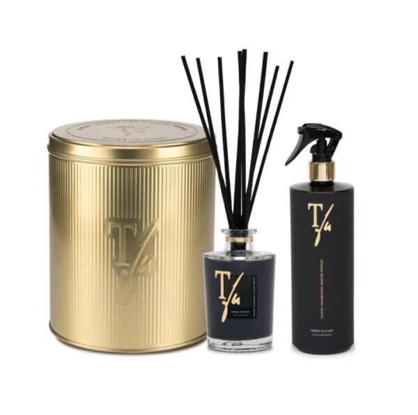 THEATER UNIQUE FRAGRANCES GOLD TIN BOX BLACK DIVINE STICK 250ML + GUN SPRAY 500ML